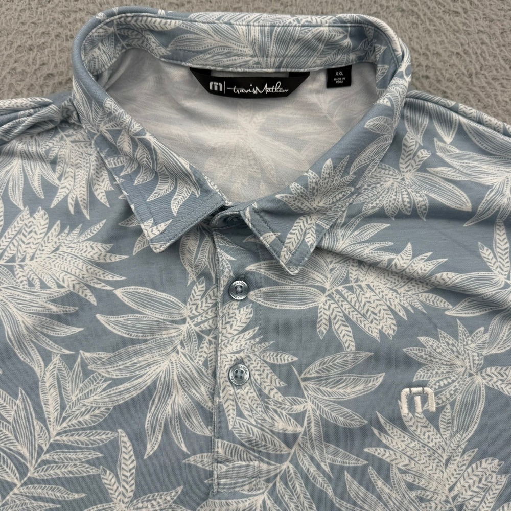 Travis Mathew Polo Golf Shirt Mens XXL White Floral Leaf Stretch Short Sleeve